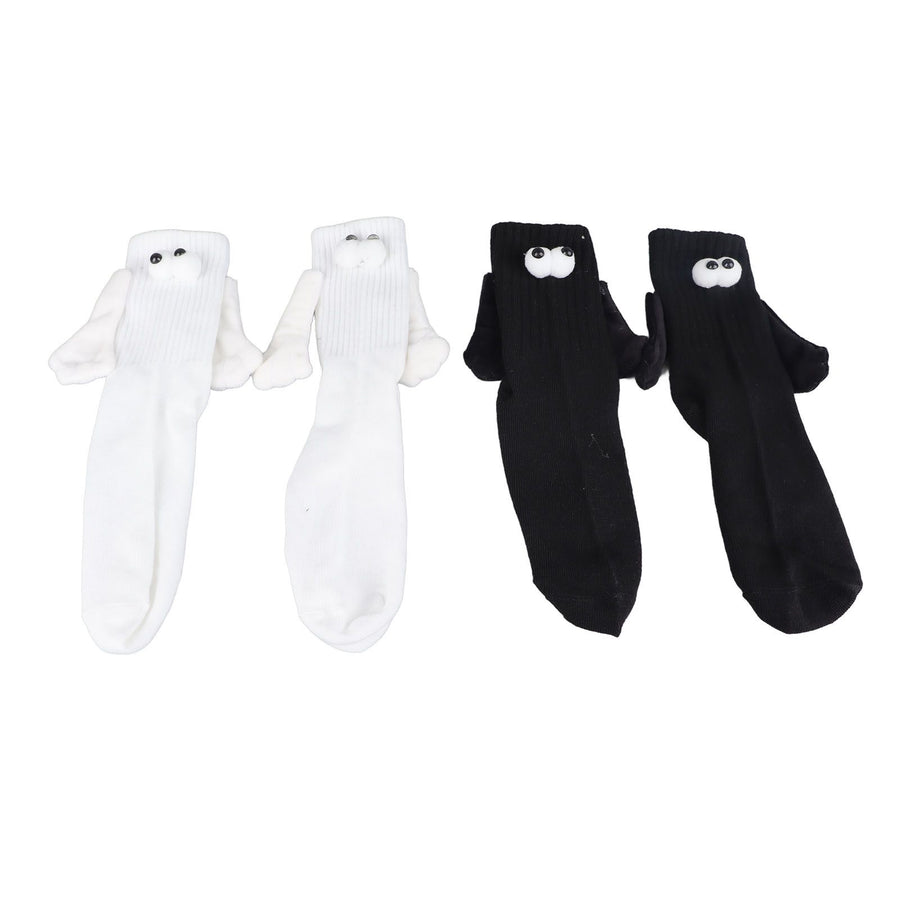 2 Pair Funny Magnetic Suction 3D Doll Couple Socks Funny Holding Hands Socks for Couple Black and White