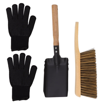 Fireplace Ash Shovel Brush Set Coal Hearth Clean Tools for Home with Black Silicone Gloves