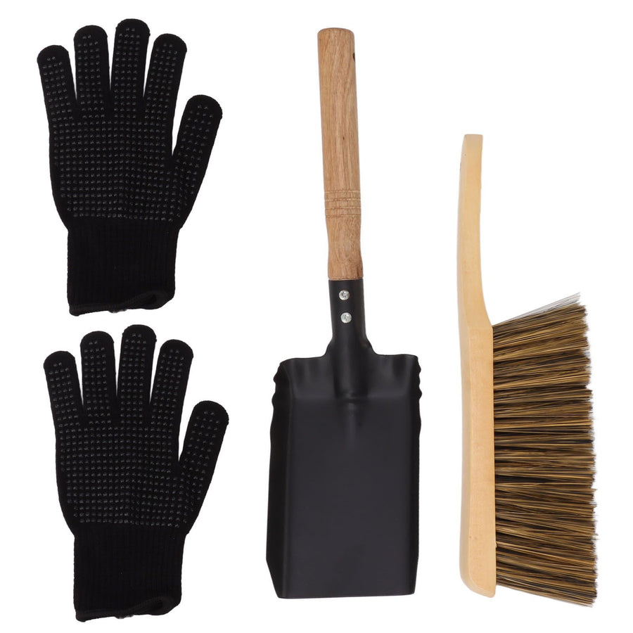 Fireplace Ash Shovel Brush Set Coal Hearth Clean Tools for Home with Black Silicone Gloves