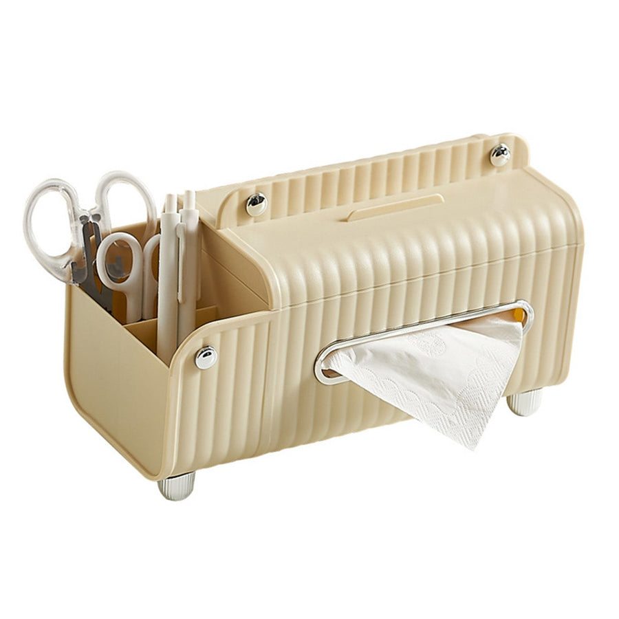 Tissue Box Cover HIPS ABS Multifunctional Desktop Rectangular Napkin Dispenser Holder with Stationery Box for Living Room Bedroom Cream