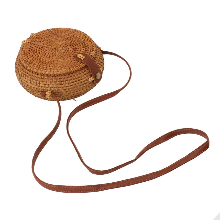 Handwoven Round Rattan Bag Tropical Beach Style Woven Shoulder Rattan Bag with Leather Strap 20cm Diameter Natural Color Oval with Lining