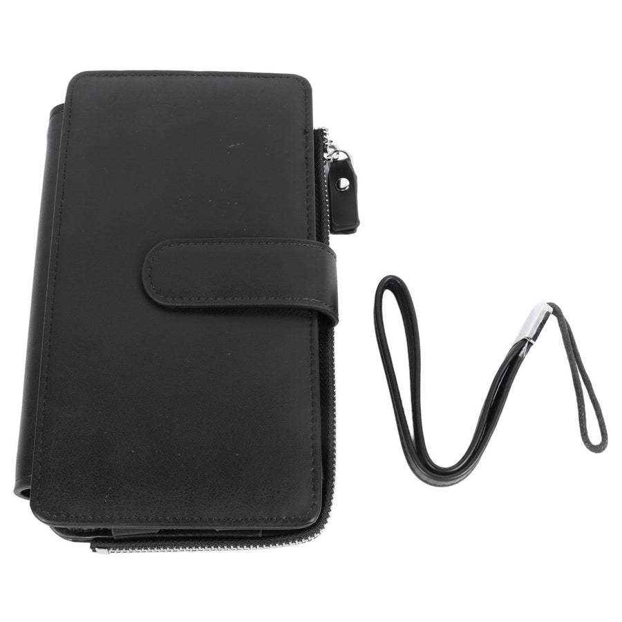 Long Wallet for Men PU Leather Frosted Retro Multifunctional Phone Card Holder Purse Business Handbag with Zipper and Strap Black