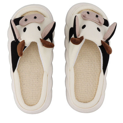 Linen Slippers Wear Resistant Comfortable Open Toe Indoor Slippers Sandals for 4 Season Cow Cartoon Pattern 42 43 Size