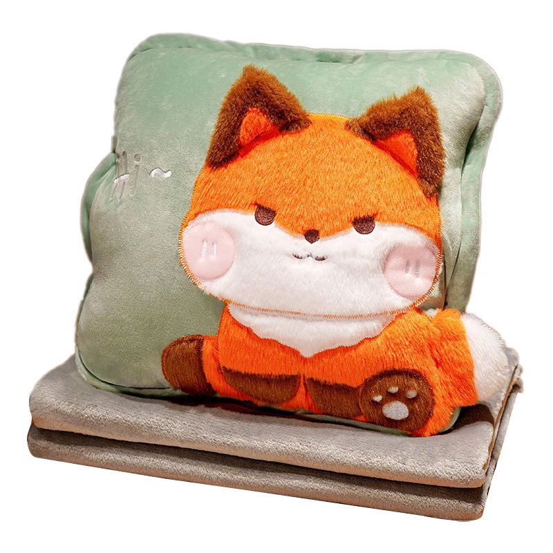 Travel Blanket and Pillow Set Multifunctional Plush Cute Animal Hand Warmer Blanket Pillow for Office Dorm Home Fox