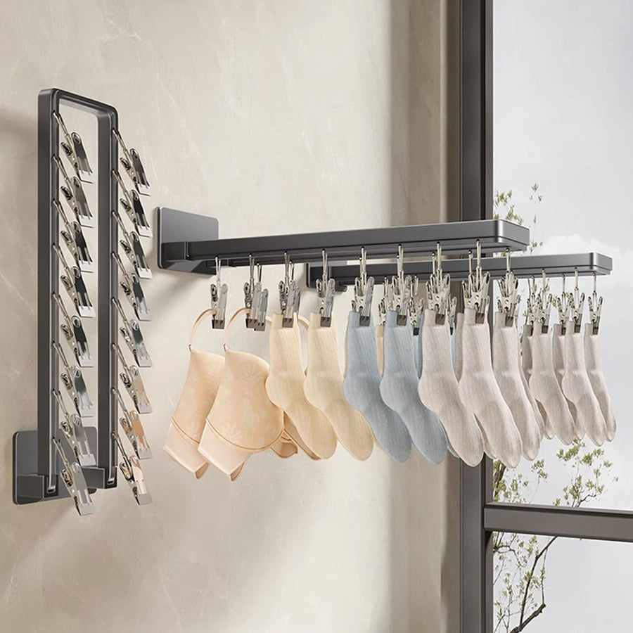 Socks Hanger Wall Mounted Foldable Windproof Zinc Alloy Clip Drying Rack for Underwear Towel 16 Clips (43.3cm/17in)