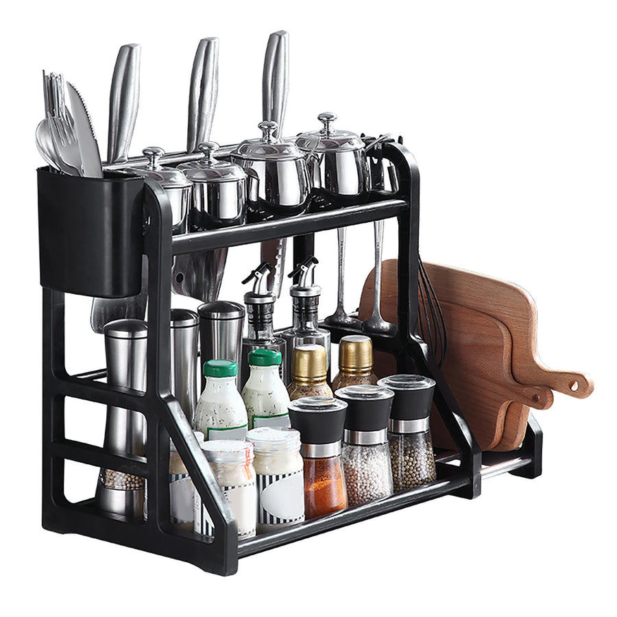 Kitchen Storage Rack Moveable Corner Shelf Spice Rack Double Layers Multifunctional Knife Stand Black