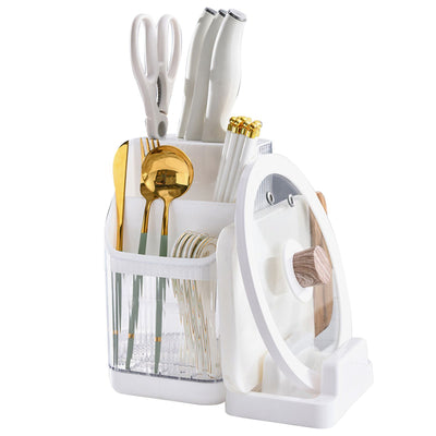 Multifunctional Kitchen Storage Rack Kitchen Countertop Cutting Board Pot Cover Chopsticks Forks Spoons Holder Pearl White