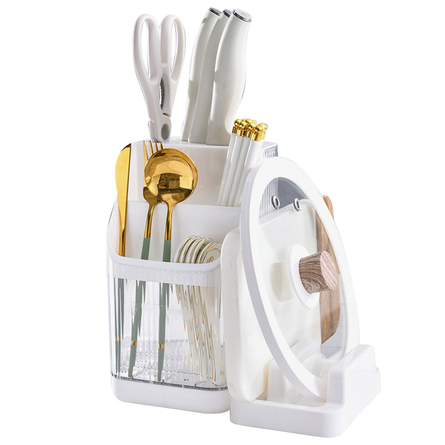 Multifunctional Kitchen Storage Rack Kitchen Countertop Cutting Board Pot Cover Chopsticks Forks Spoons Holder Pearl White