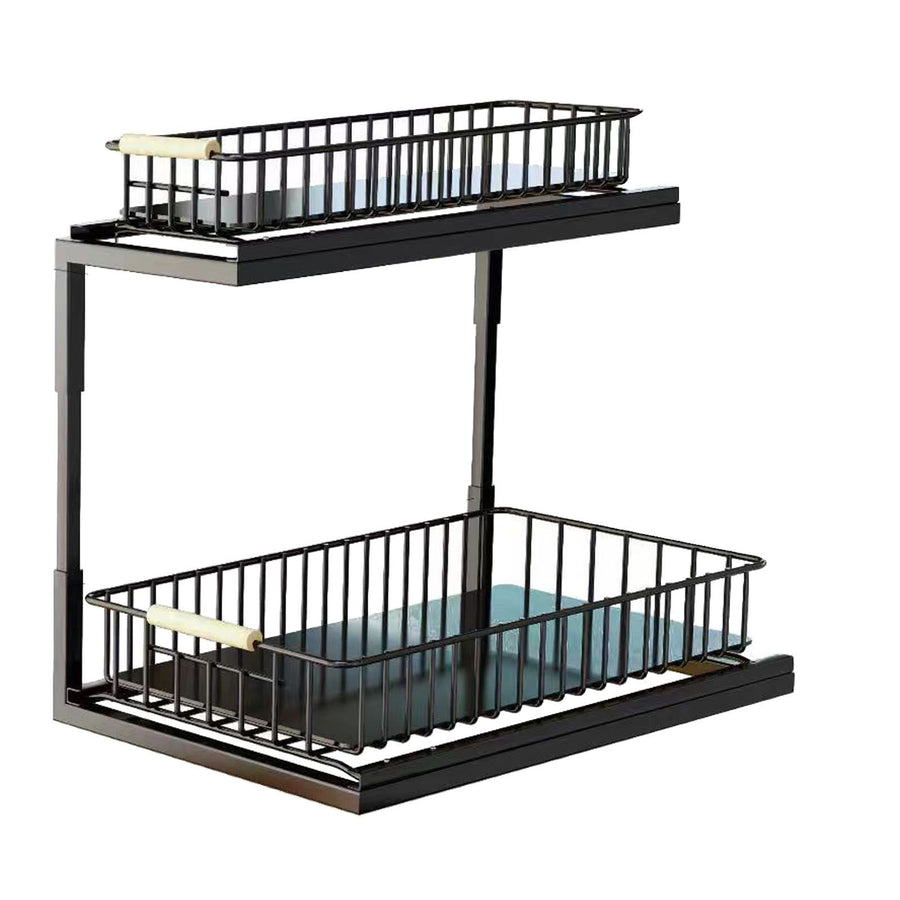 Under Sink Cabinet Shelf Multifunctional Slide Out Double Layer Spice Drawer Storage Sink Shelf for Bathroom Kitchen Black