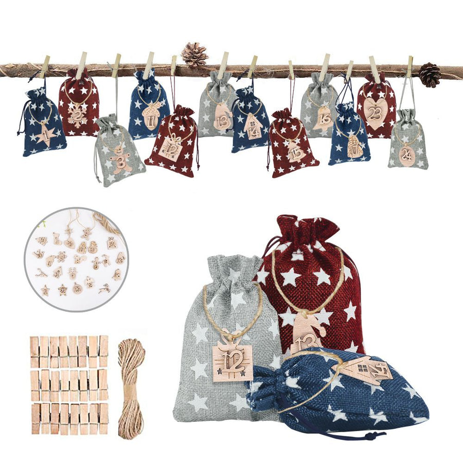 Advent Calendar Gift Bags DIY Countdown Calendar Christmas Bags with Drawstring 24 Days Hanging Gift Bags for Christmas Decorations Wood Board