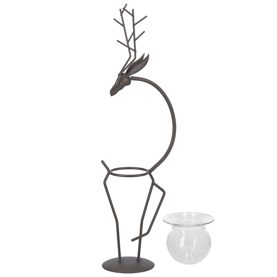 Deer Shape Wrought Iron Plant Stand Transparent Glass Hydroponic Plant Vase for Living RoomType A