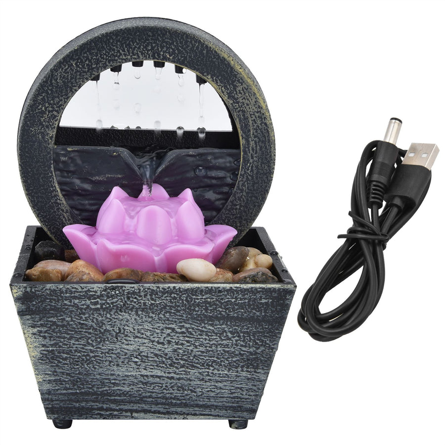 3V USB Plastic Flower Water Fountain LED Tabletop Fountain with Stones for Home Office Table Decoration