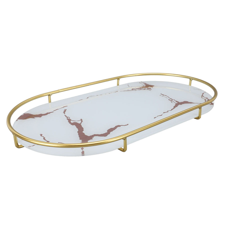 Bathroom Storage Tray Light Luxury Decorative Golden Texture Oval Bathroom Organiser Tray for Soap Towel Paper Napkins Jewellery Makeup White Base