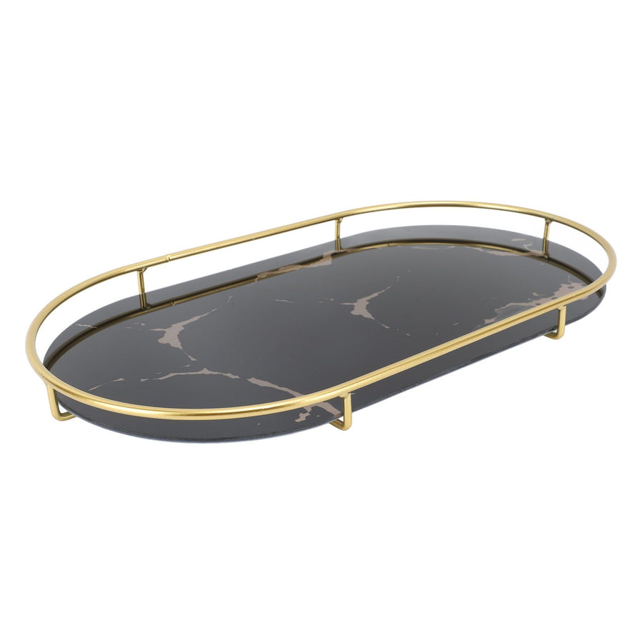 Bathroom Storage Tray Light Luxury Decorative Golden Texture Oval Bathroom Organiser Tray for Soap Towel Paper Napkins Jewellery Makeup Black Base