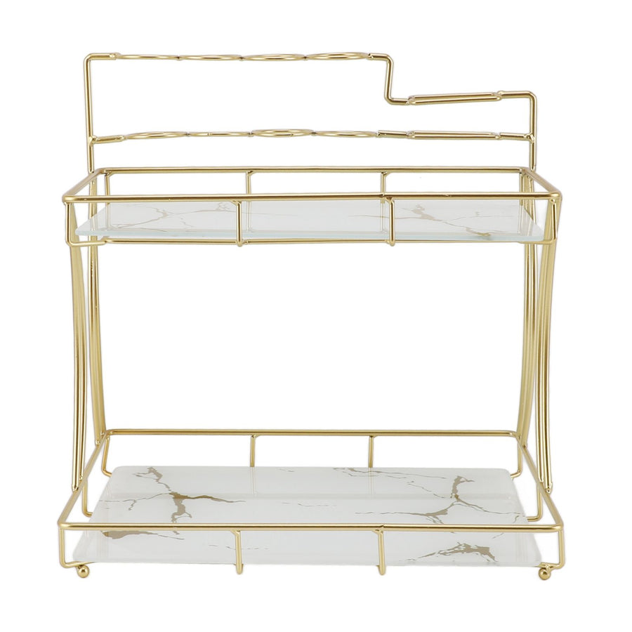 Countertop Storage Rack Double Layer Waterproof Counter Organizer Shelf with Electric Toothbrush Holder for Bathroom White Background Gold Grain