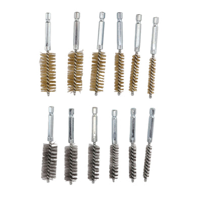 12PCS Bore Brush Copper and Iron 304 Stainless Steel Bristles Wire Brush for Power Drill with Hex Shank Handle