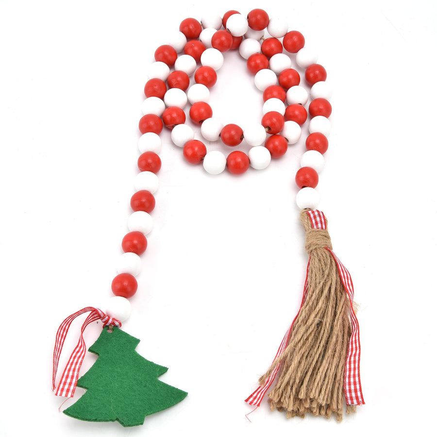 Wood Bead Garland Christmas Tree Tassel Wooden Bead Ornaments for Home Festival Decoration(Red White )