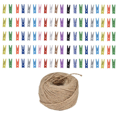 100PCS Wooden Clip Mini Color Wood Clip Birch Card Photo Clip with 10m Rope for Home Festival Decoration