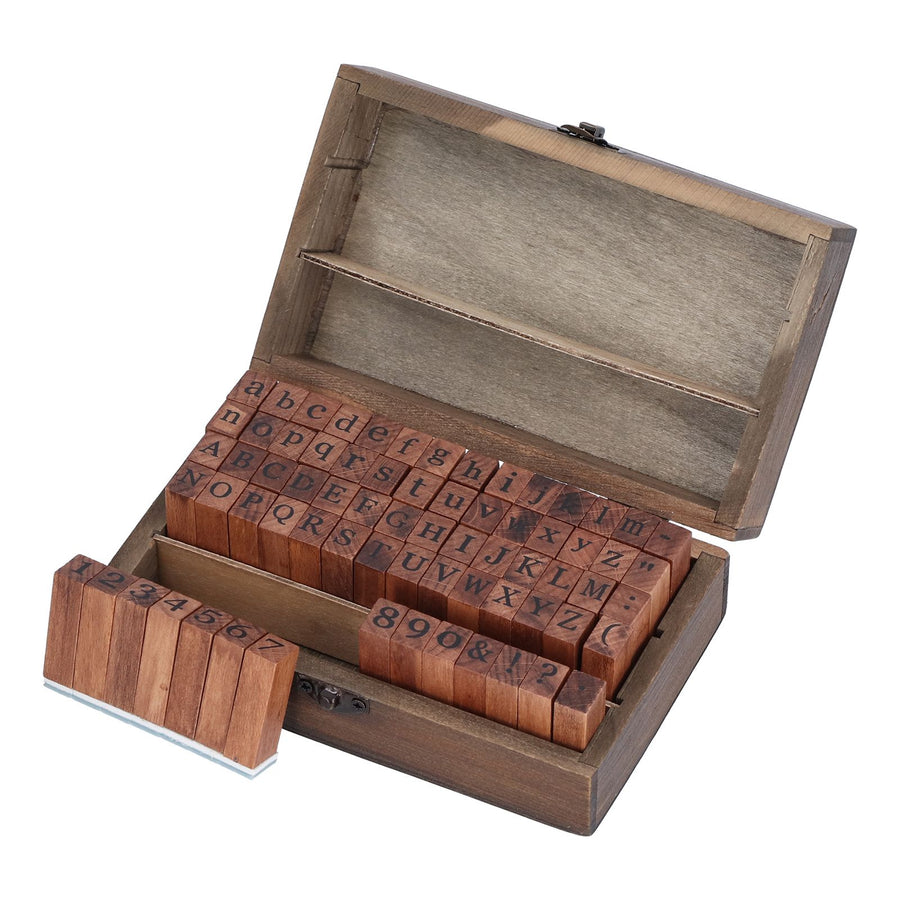 Wooden Rubber Stamp DIY Alphabet Number Symbols Stamp Set with Storage Box for Children