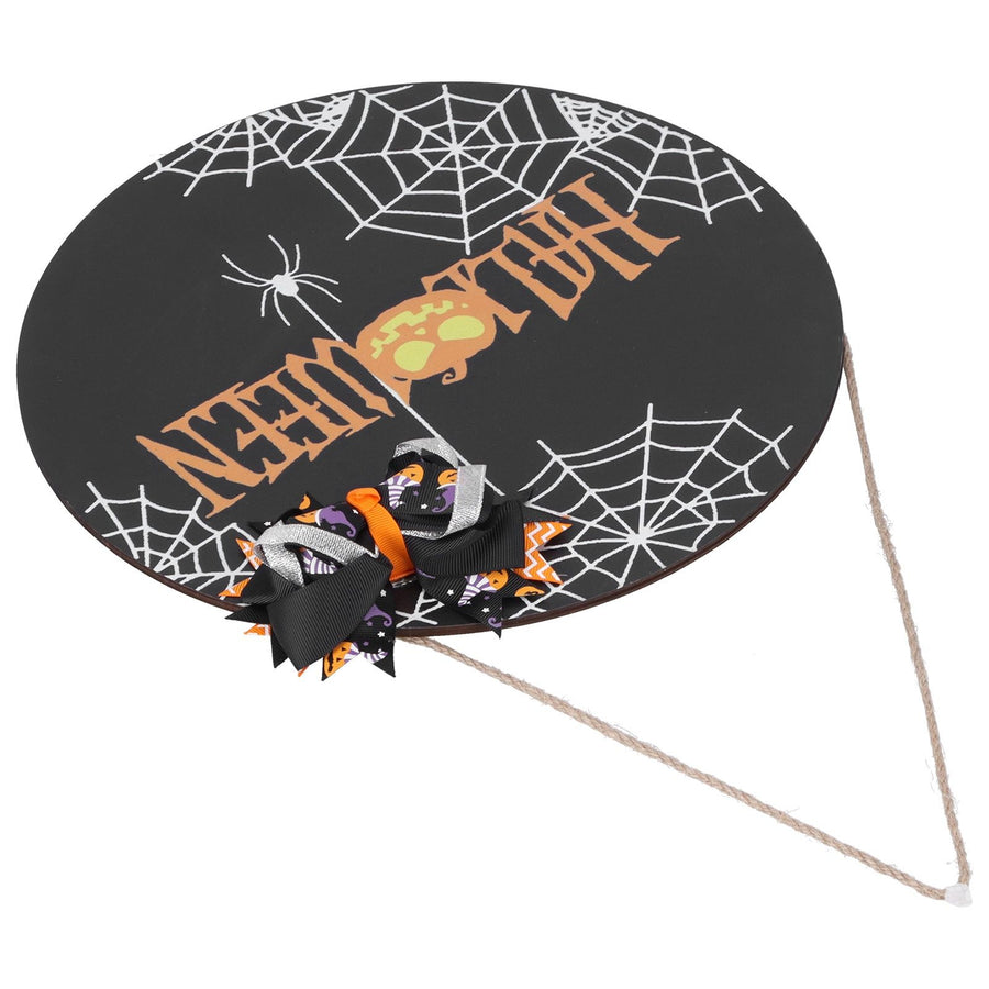 Halloween Spider Web Pattern Wooden Welcome Sign Decorative Hanging Board for Indoor OutdoorWith Bow
