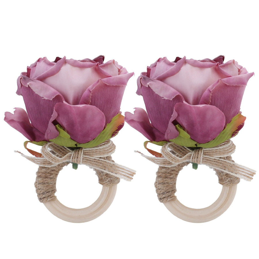 2Pcs Novelty Wooden Napkin Buckle Artificial Floral Napkin Ring for Festival Table DecorationPurple