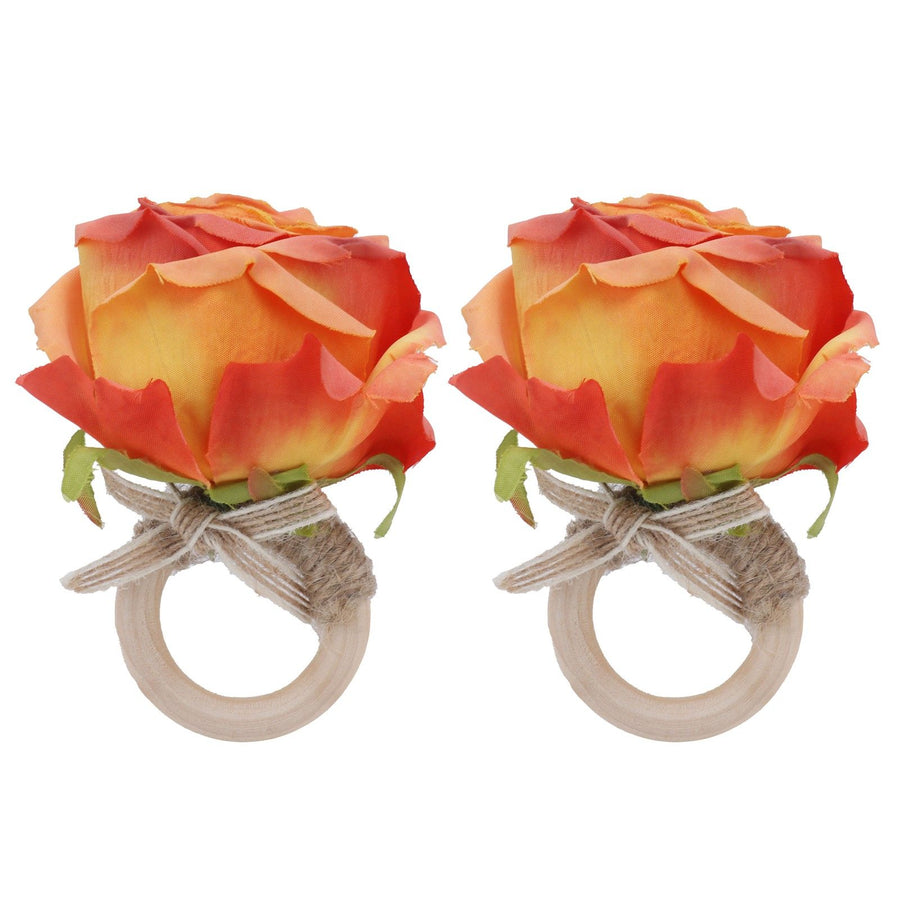 2Pcs Novelty Wooden Napkin Buckle Artificial Floral Napkin Ring for Festival Table DecorationOrange