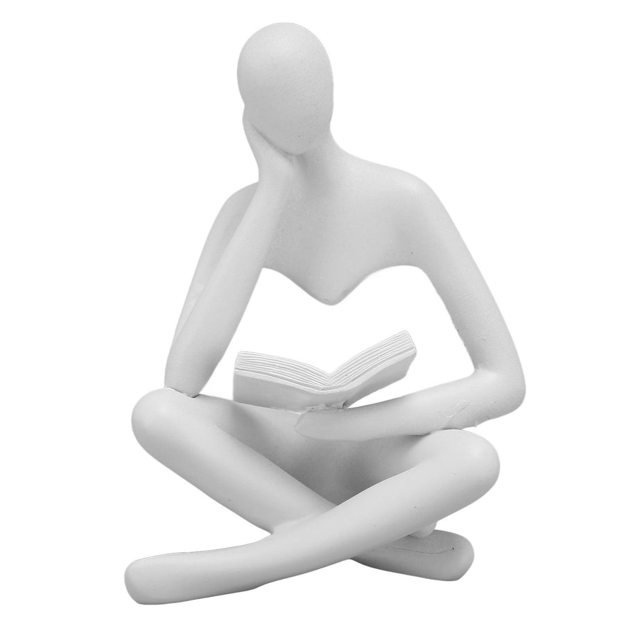 Thinker Reading Statue Resin Sitting Figure Abstract Art Ornament for Living Room Cabinet Decoration White