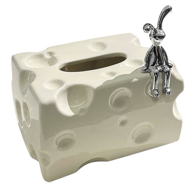 Tissue Box Cover Ceramic Rectangular Stylish Elegant Decorative Napkin Box Holder for Desktop Coffee Table Milky White
