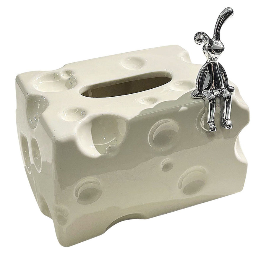 Tissue Box Cover Ceramic Rectangular Stylish Elegant Decorative Napkin Box Holder for Desktop Coffee Table Milky White