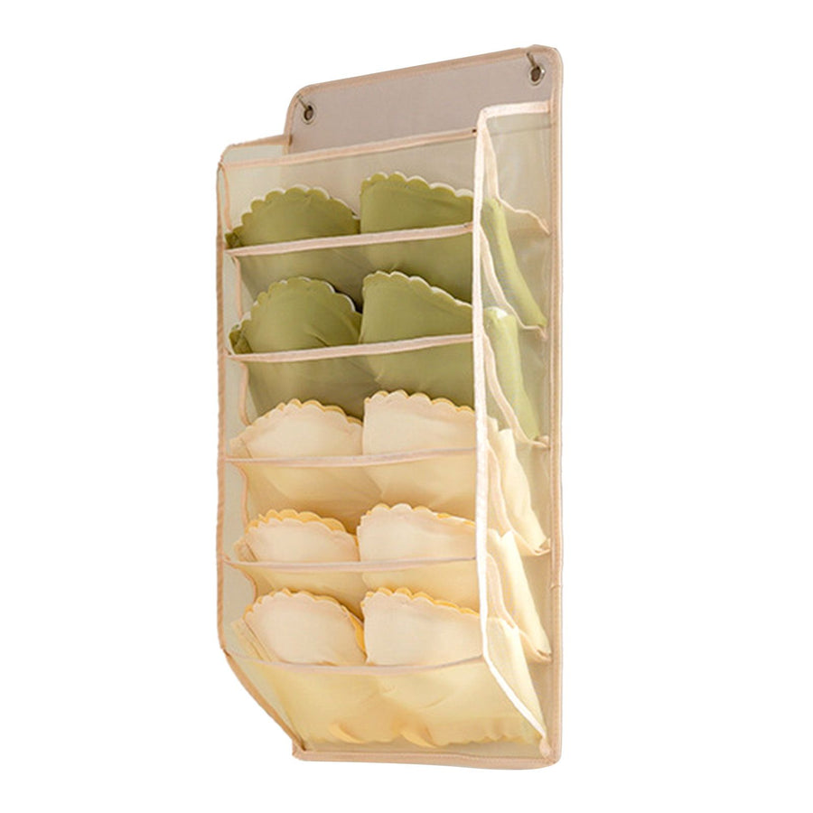 Closet Hanging Underwear Organizer Mesh Oxford Cloth PP Board Underwear Wall Shelf Wardrobe Hanging Storage Bag for Bra Socks Underpants 5 Pockets Beige