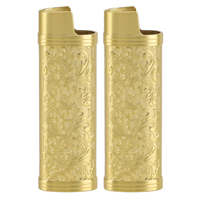 2PCS Lighter Case Cover Vintage Style Floral Stamped Zinc Alloy Shell for Lighter Protection Gold