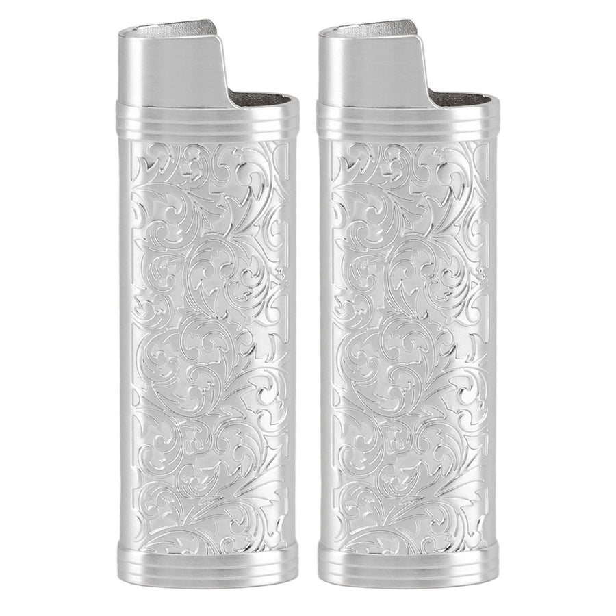2PCS Lighter Case Cover Vintage Style Floral Stamped Zinc Alloy Shell for Lighter Protection Silver