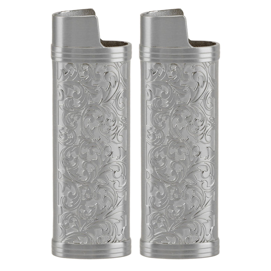 2PCS Lighter Case Cover Vintage Style Floral Stamped Zinc Alloy Shell for Lighter Protection Gray