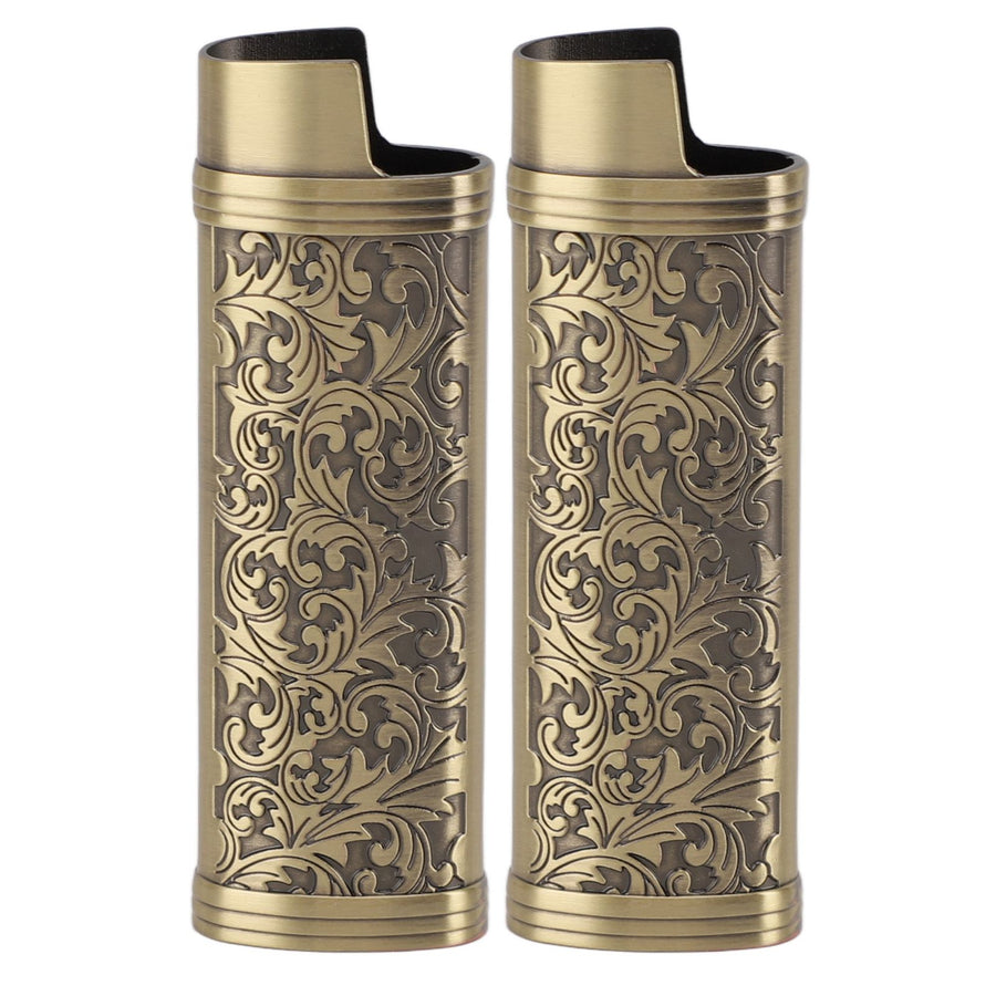 2PCS Lighter Case Cover Vintage Style Floral Stamped Zinc Alloy Shell for Lighter Protection Bronze