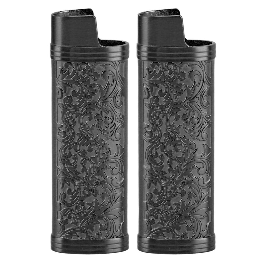 2PCS Lighter Case Cover Vintage Style Floral Stamped Zinc Alloy Shell for Lighter Protection Black