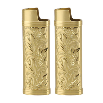 2Pcs Lighter Case Zinc Alloy Lighter Storage Container Floral Pattern for Outdoor Camping Hiking Gold