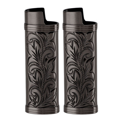 2Pcs Lighter Case Zinc Alloy Lighter Storage Container Floral Pattern for Outdoor Camping Hiking Black
