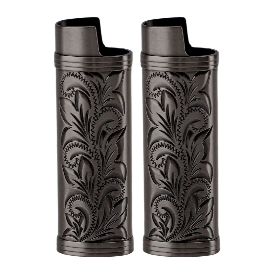 2Pcs Lighter Case Zinc Alloy Lighter Storage Container Floral Pattern for Outdoor Camping Hiking Black