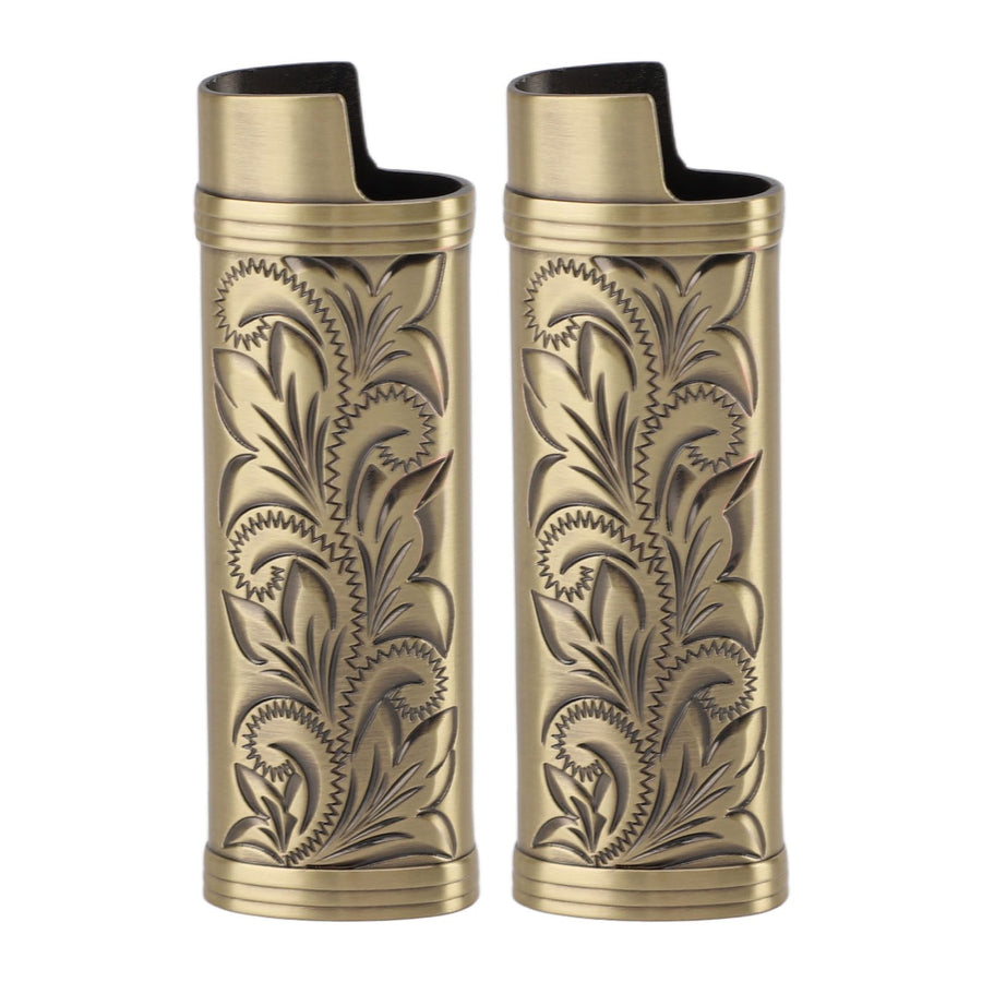 2Pcs Lighter Case Zinc Alloy Lighter Storage Container Floral Pattern for Outdoor Camping Hiking Bronze