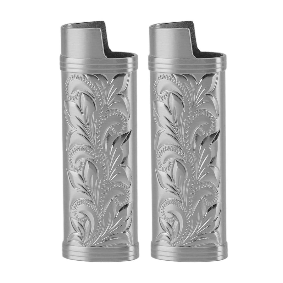 2Pcs Lighter Case Zinc Alloy Lighter Storage Container Floral Pattern for Outdoor Camping Hiking Grey