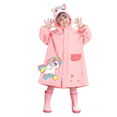 Kids Raincoat Waterproof Cute Pattern Lightweight Portable Children Hooded Rainwear for Girl Boy Pink XL