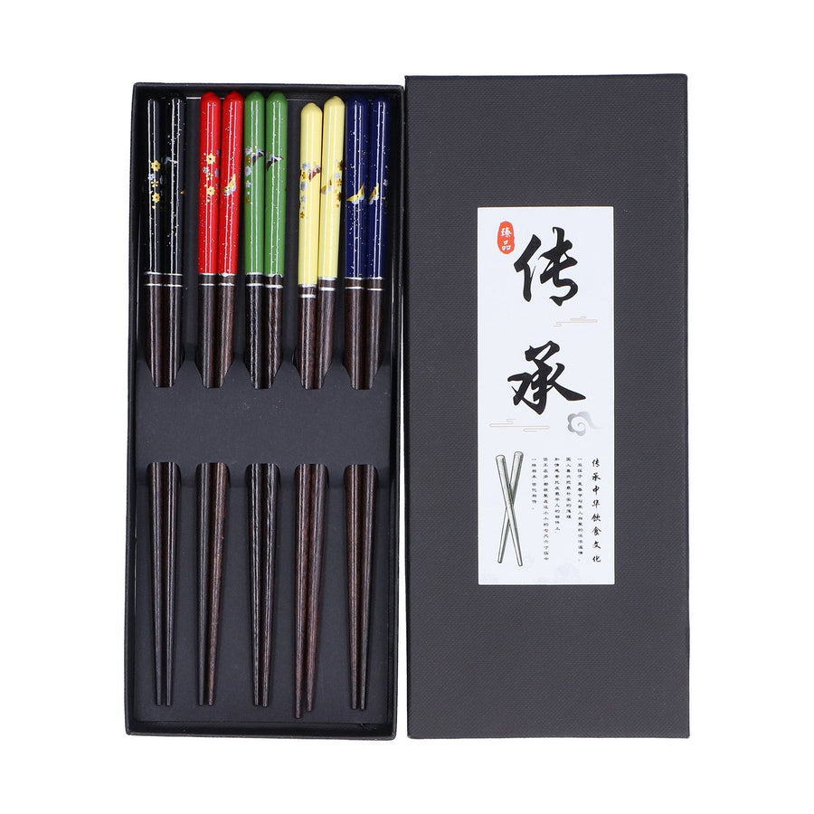 5 Pairs Chopsticks Wood Reusable Butterfly Flower Printing Gift Box Pointed Chopsticks for Restaurant Hotel
