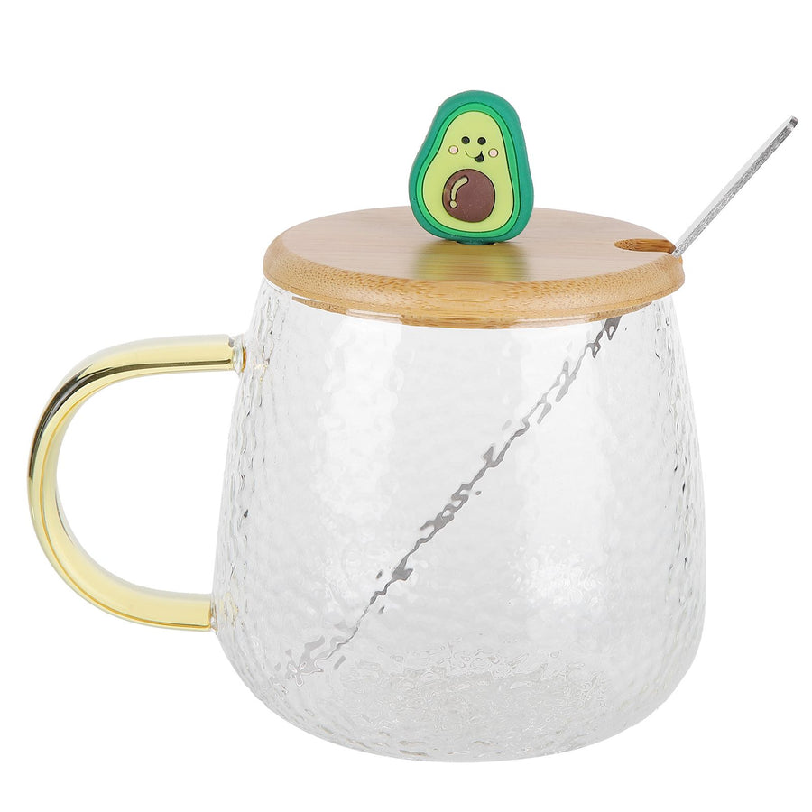 400ml Cute High Borosilicate Glass Cup HeatResistant Mug with Stainless Steel Spoon Bamboo Lid(Avocado )