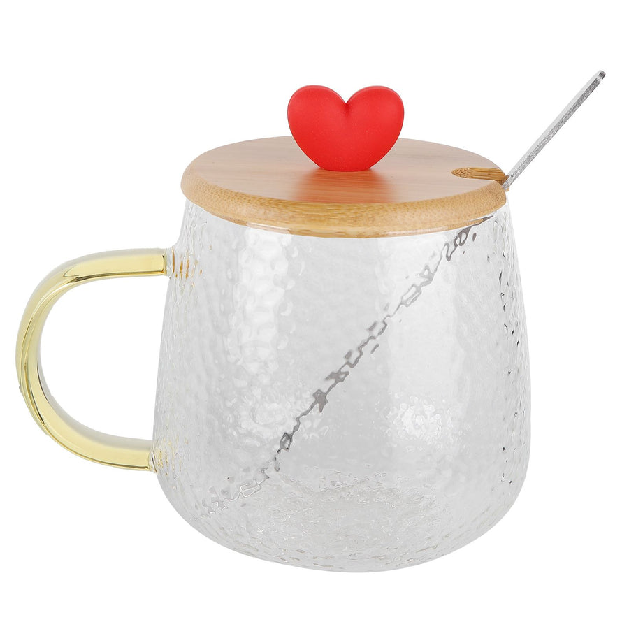 400ml Cute High Borosilicate Glass Cup HeatResistant Mug with Stainless Steel Spoon Bamboo Lid(Love )