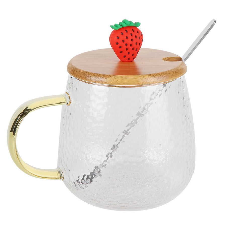 400ml Cute High Borosilicate Glass Cup HeatResistant Mug with Stainless Steel Spoon Bamboo Lid(Strawberry )