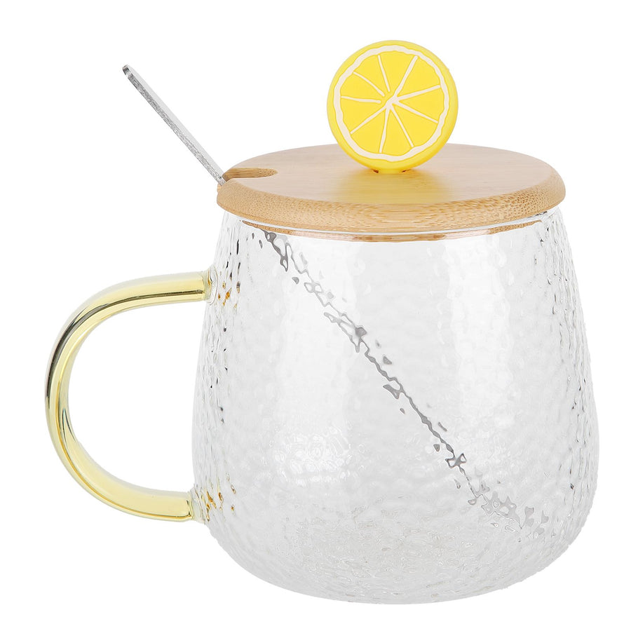 400ml Cute High Borosilicate Glass Cup HeatResistant Mug with Stainless Steel Spoon Bamboo Lid(Lemon )