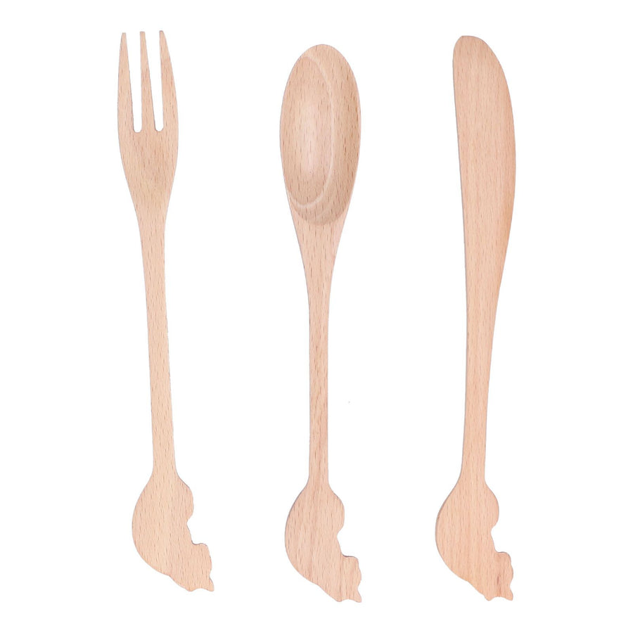 3pcs Wooden Tableware Set Spoon Fork Reusable Hand Made Utensils Portable Soup Spoon for Kitchen Picnic Hotel