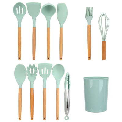 12Pcs/Set Cooking Utensil with Wooden Handle Silicone Cooking Tool for Home KitchenLight Green