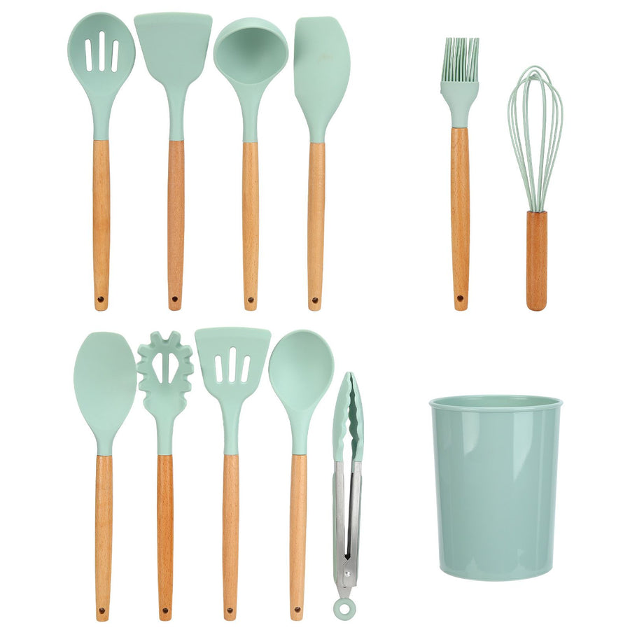 12Pcs/Set Cooking Utensil with Wooden Handle Silicone Cooking Tool for Home KitchenLight Green