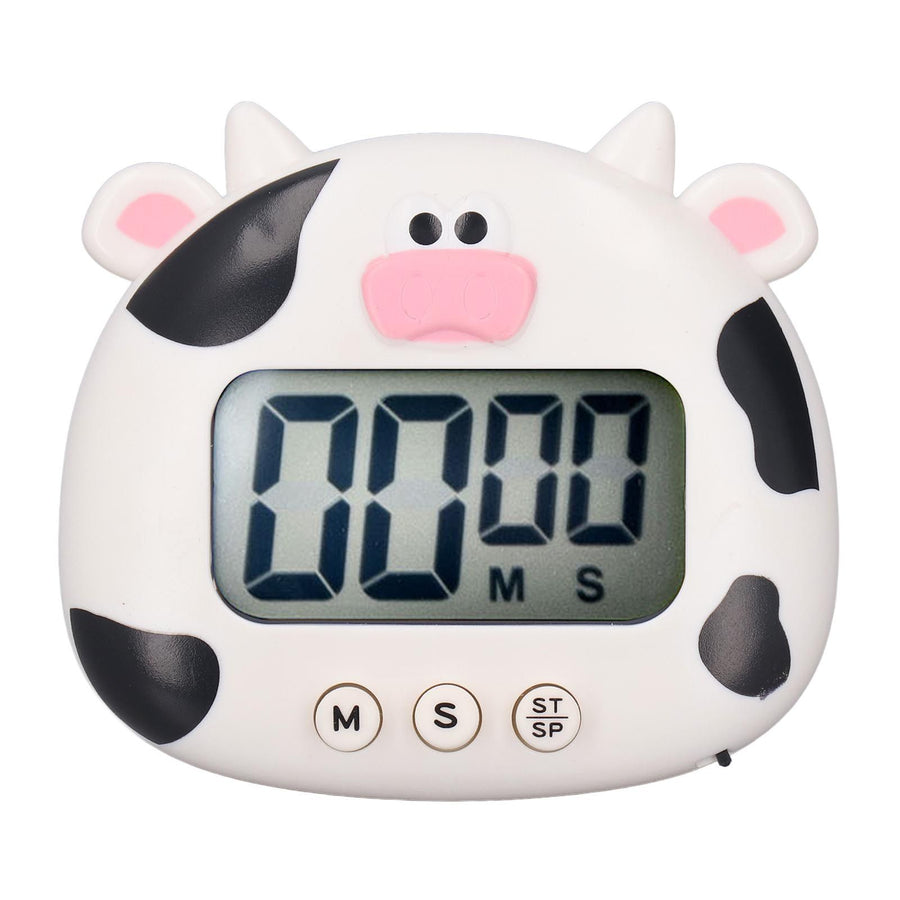 Digital Kitchen Timer Countup Countdown Cartoon Animal Sound Flash Alert Easy Operation with Stand for Cooking Teaching White Cow